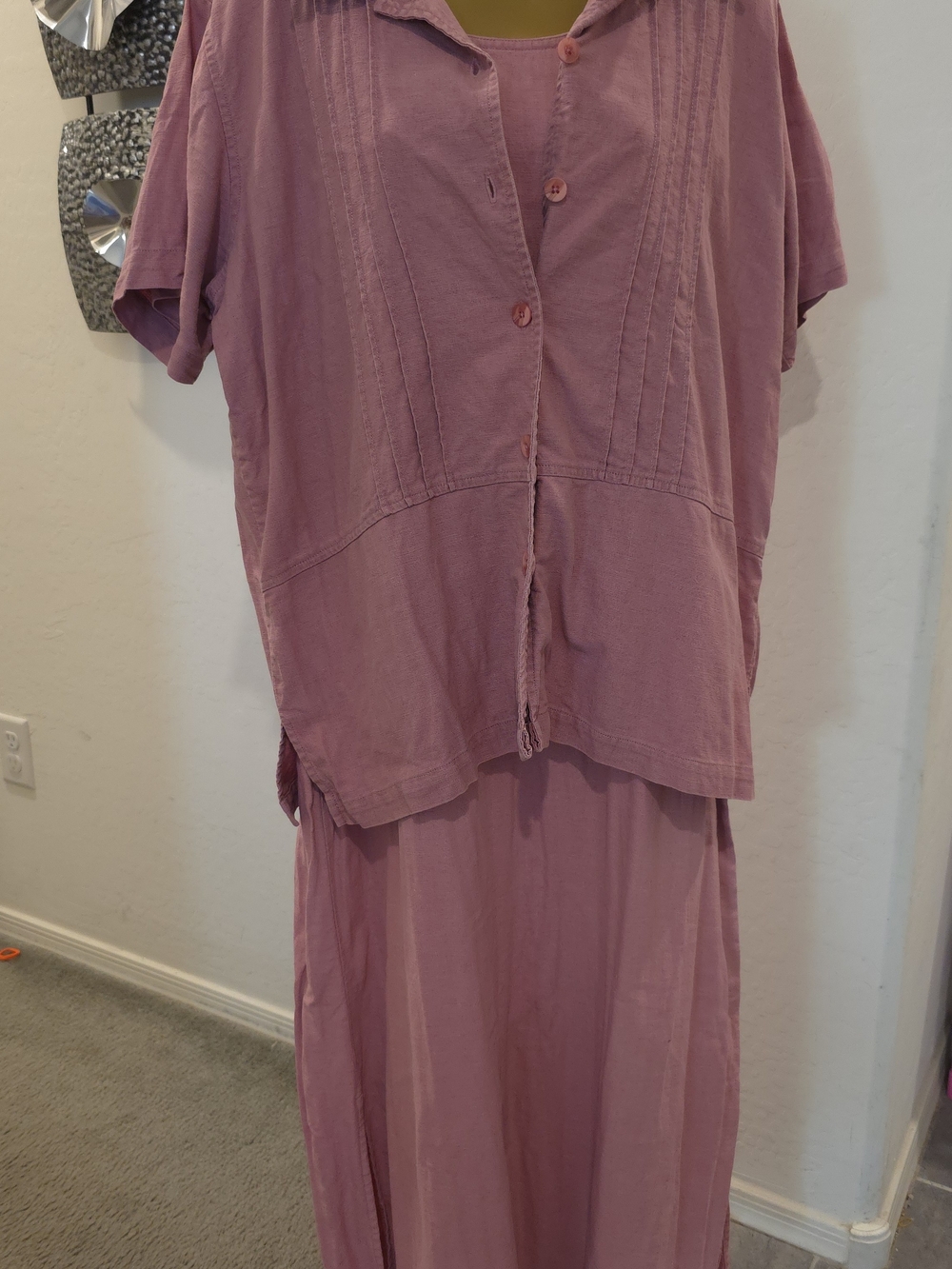 Vintage Erika Collection Pink Two-Piece Dress Set Sz L Pockets Embroidered